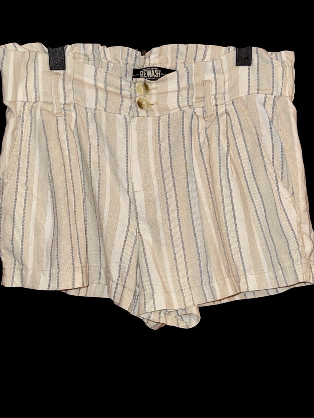 Rewash High-Waist Paperbag Stripe Linen Blend Shorts - Cream & Blue Size Medium